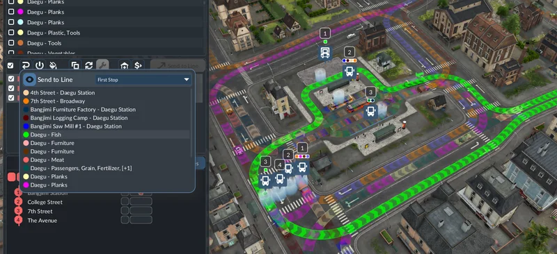 Official TF3 Line Manager showing checked vehicles and their action bar