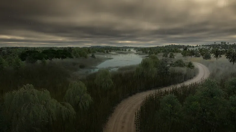 A riverside railway curves through the first campaign landscape in Transport Fever 3