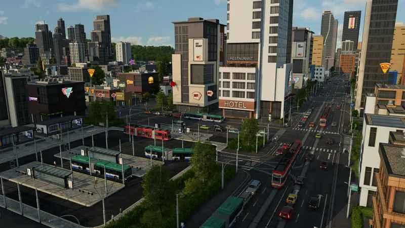 Buses and trams serve a road station among city buildings in Transport Fever 3